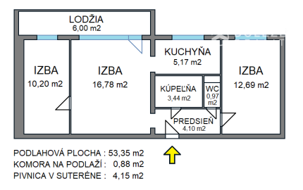 3-izbový byt, 58 m2, lodžia (2.p/3), Košice Terasa Kežmarská