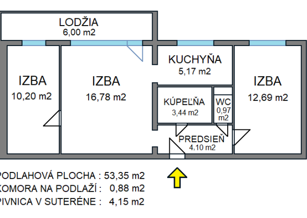 3-izbový byt, 58 m2, lodžia (2.p/3), Košice Terasa Kežmarská